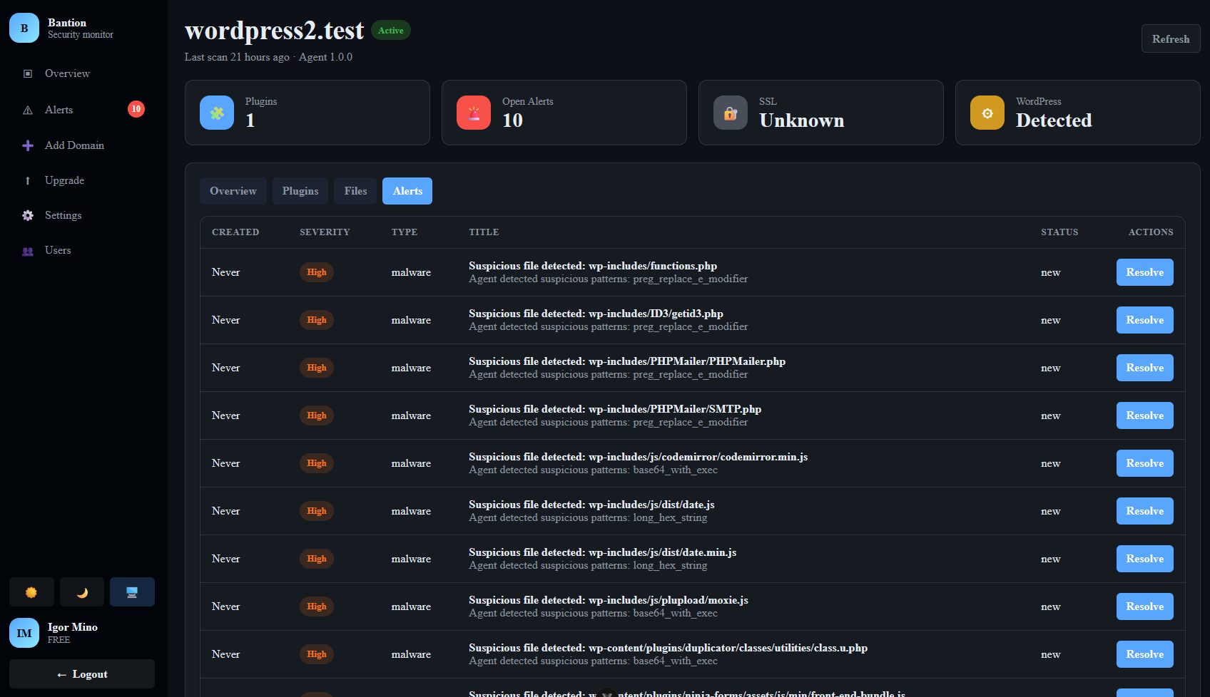 Bantion security alerts showing suspicious files and severity